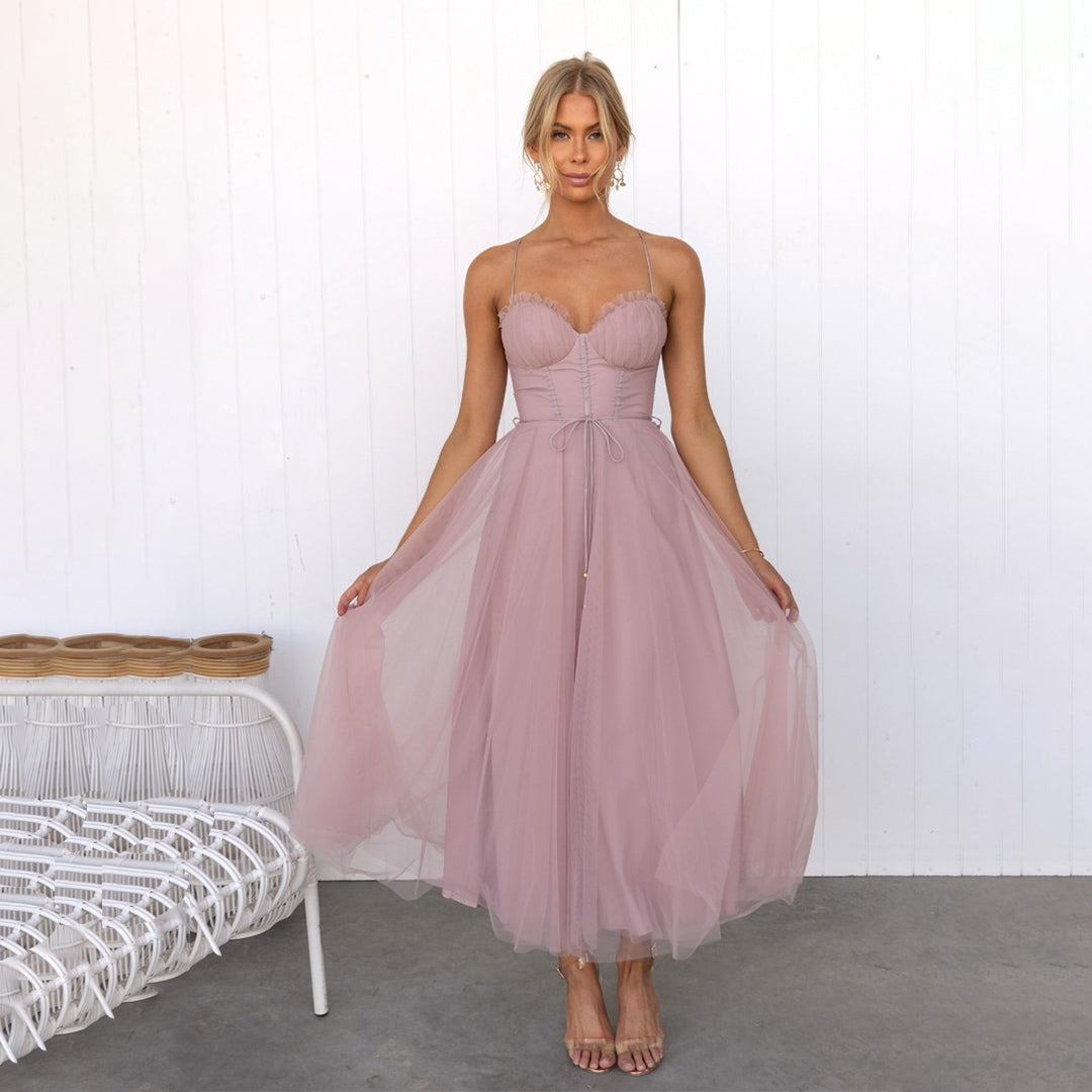 Abito midi donna spalline sottili vita effetto corsetto gonna in tulle bustier