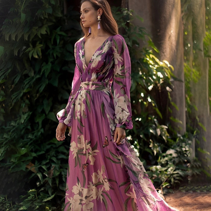 Vestito lungo da donna multicolore con scollo a V e maniche lunghe
