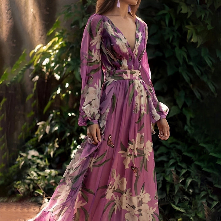 Vestito lungo da donna multicolore con scollo a V e maniche lunghe