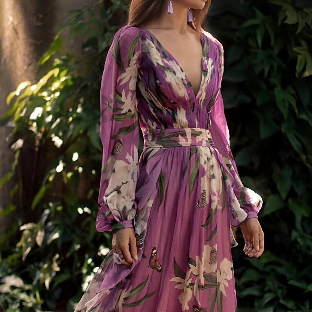 Vestito lungo da donna multicolore con scollo a V e maniche lunghe