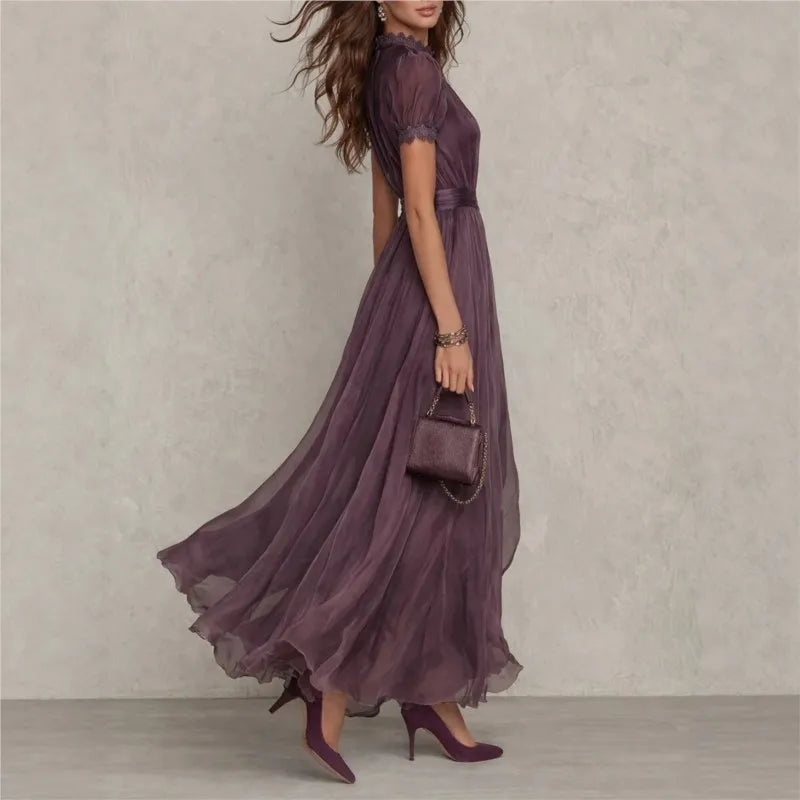 Vestito lungo da donna collo alto apertura a goccia maniche corte plissettato