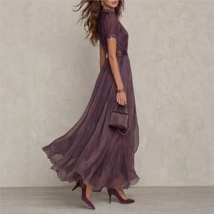 Vestito lungo da donna collo alto apertura a goccia maniche corte plissettato