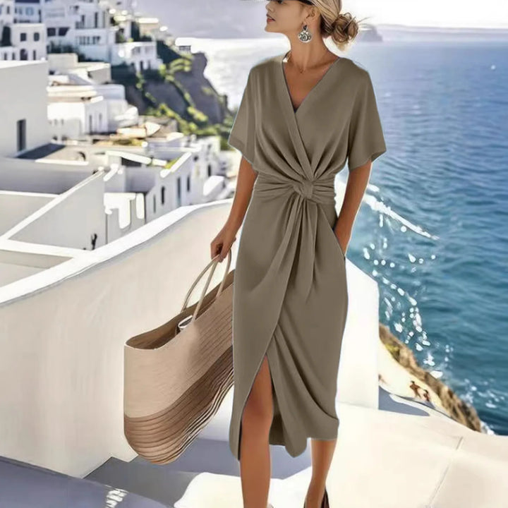 Abito midi donna con scollo a V incrociato, annodato in vita, maniche corte