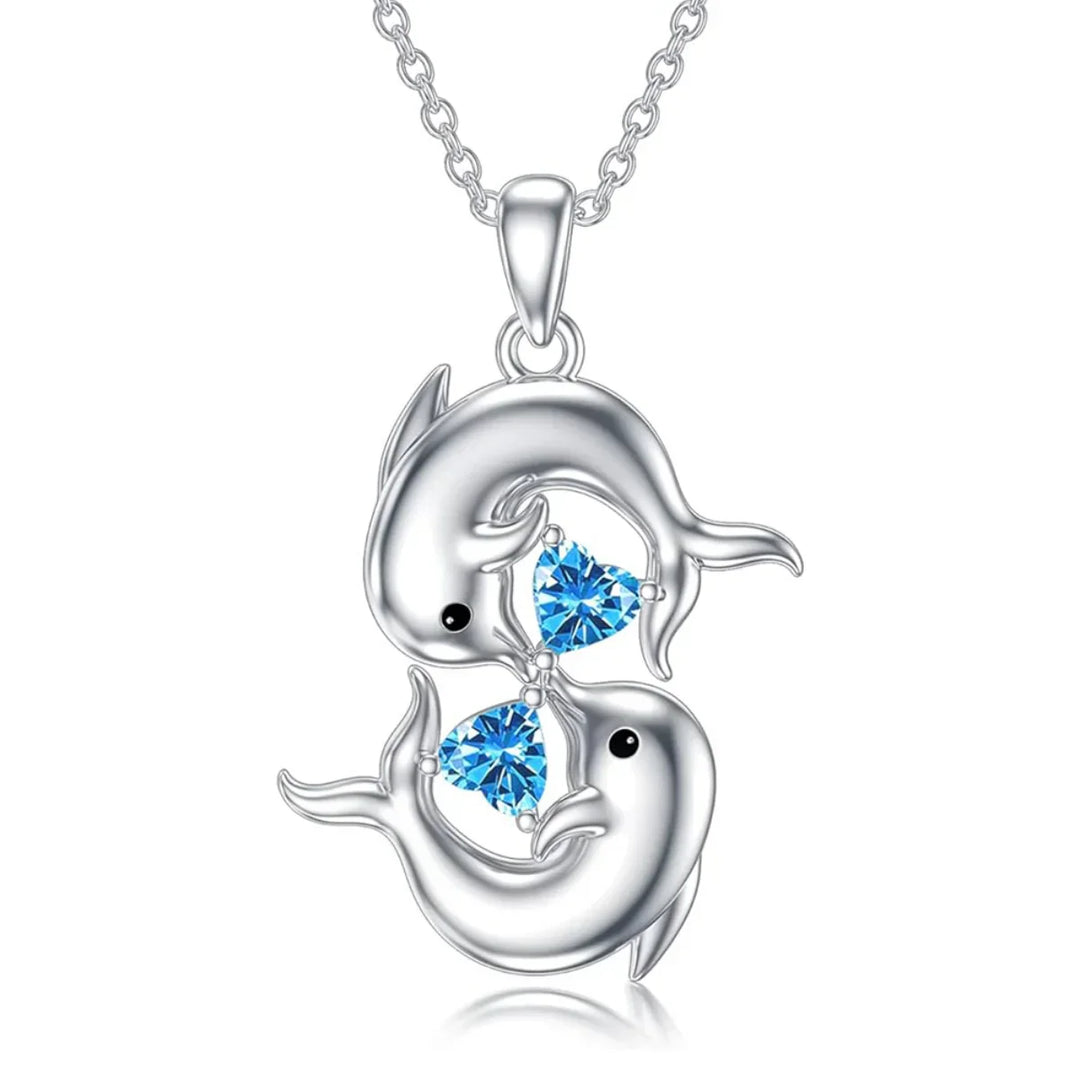 Collana in Argento con Doppi Delfini e Cristallo Blu