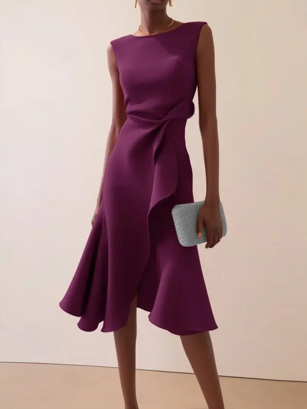 Abito midi da donna senza maniche girocollo drappeggiato orlo asimmetrico