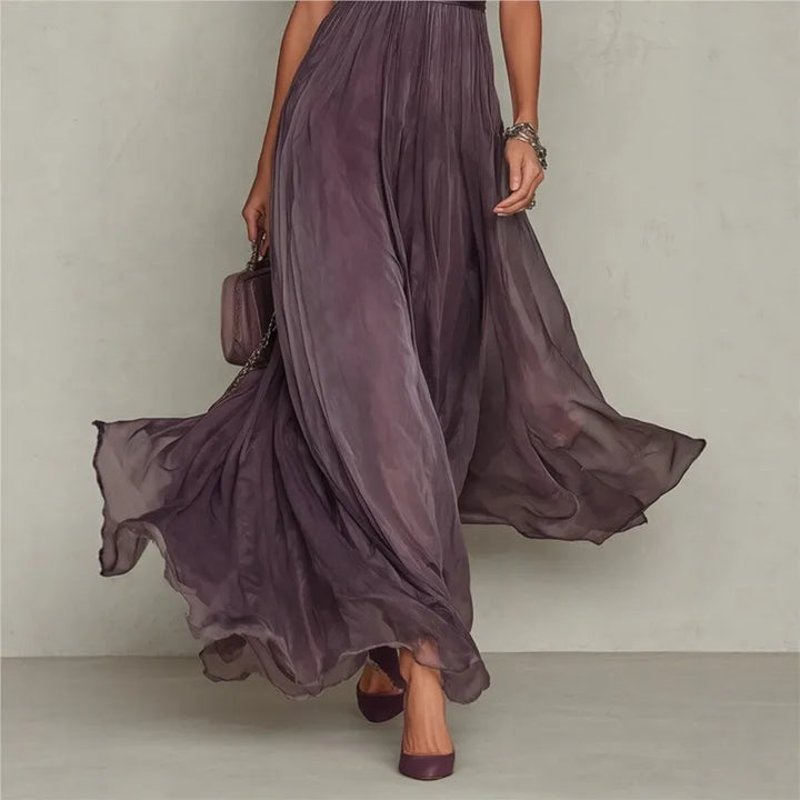 Vestito lungo da donna collo alto apertura a goccia maniche corte plissettato