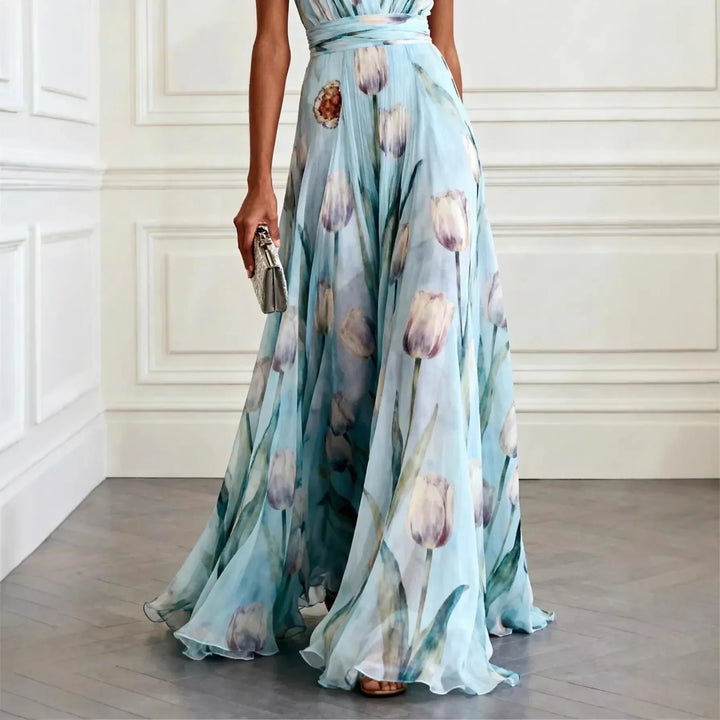 Vestito lungo da donna con scollo a V, senza maniche, stampa floreale e gonna fluida