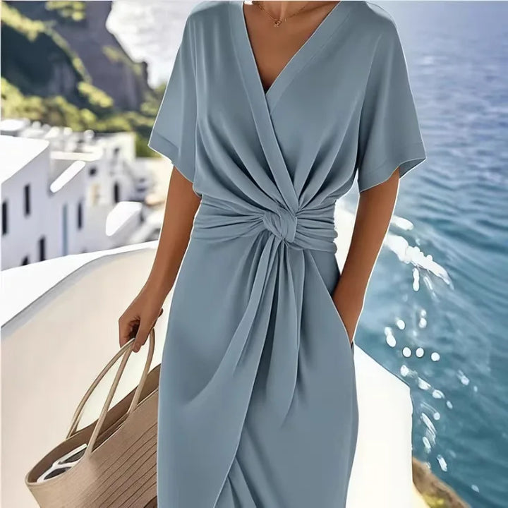 Abito midi donna con scollo a V incrociato, annodato in vita, maniche corte