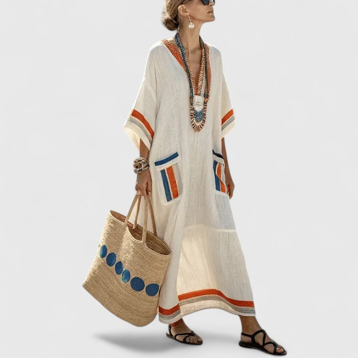 Abito midi da donna a motivi boho, scollo a V, maniche 3/4 ampie