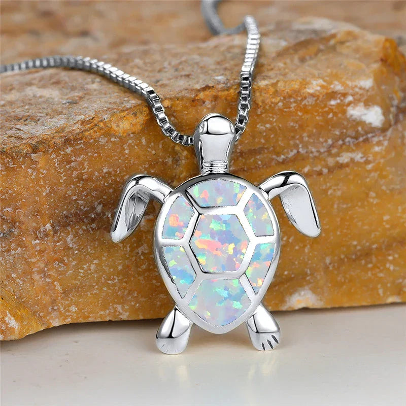 Vintage Gold Green Fire Opal Turtle Pendant Necklace