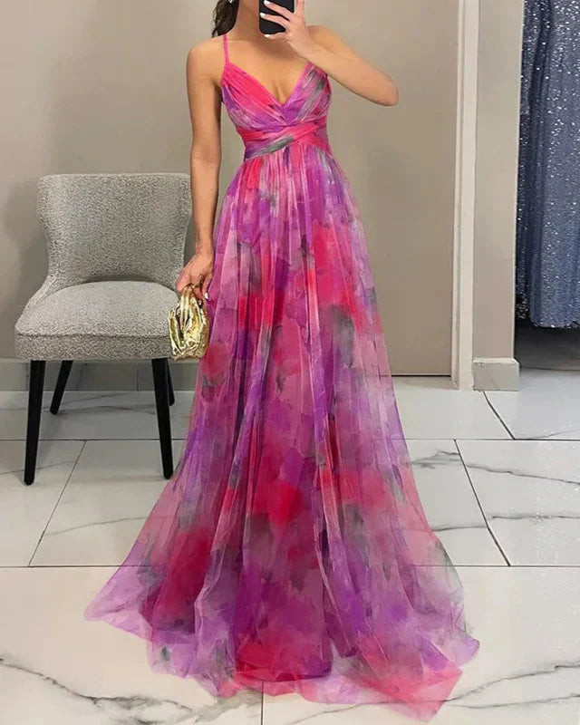 Vestito lungo donna multicolore scollo a V spalline sottili schiena scoperta gonna plissettata