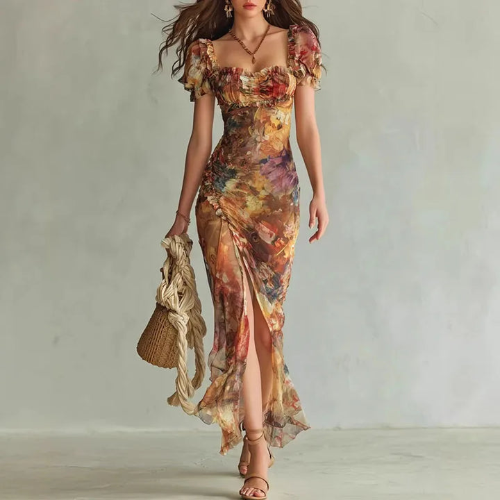 Vestito lungo donna multicolore stampato con scollo a cuore, maniche a sbuffo, spacco