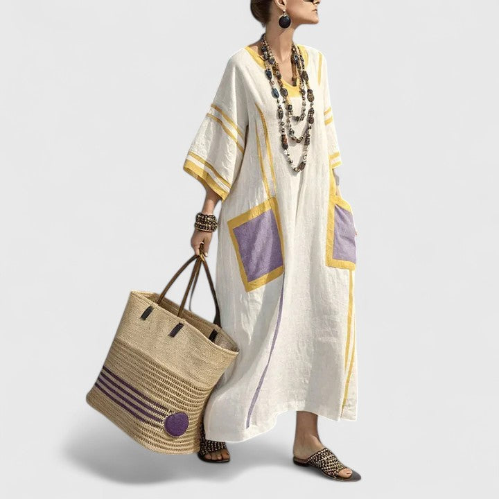 Abito midi da donna a motivi boho, scollo a V, maniche 3/4 ampie