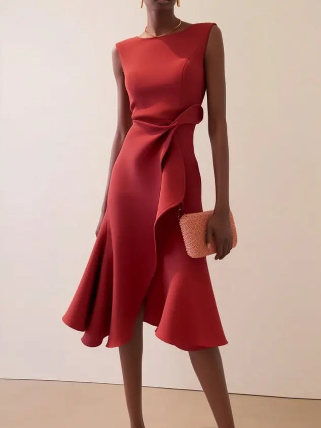 Abito midi da donna senza maniche girocollo drappeggiato orlo asimmetrico