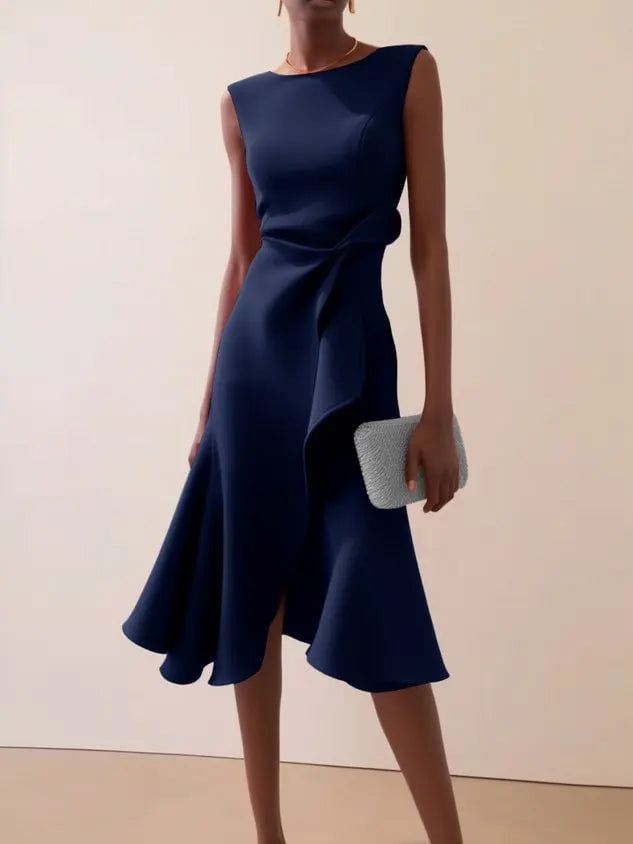 Abito midi da donna senza maniche girocollo drappeggiato orlo asimmetrico