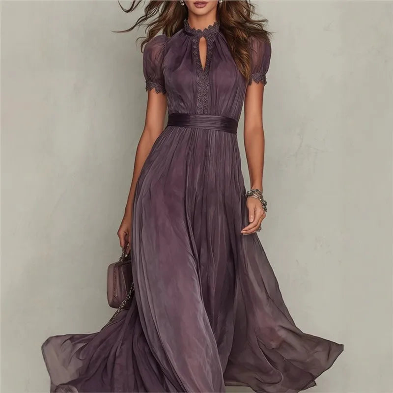 Vestito lungo da donna collo alto apertura a goccia maniche corte plissettato