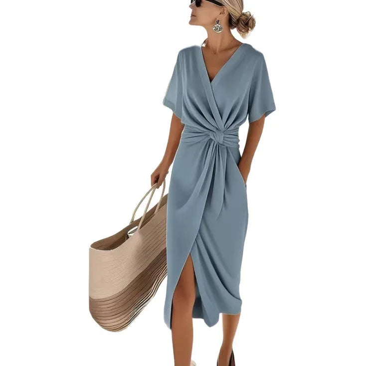 Abito midi donna con scollo a V incrociato, annodato in vita, maniche corte