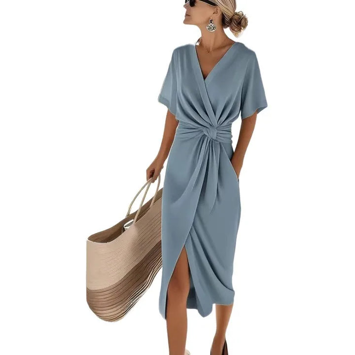 Abito midi donna con scollo a V incrociato, annodato in vita, maniche corte