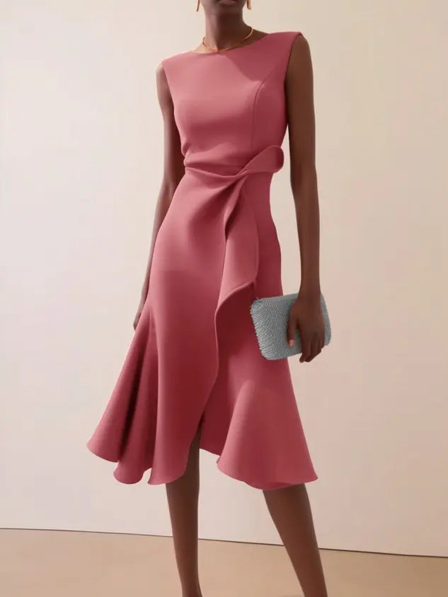 Abito midi da donna senza maniche girocollo drappeggiato orlo asimmetrico