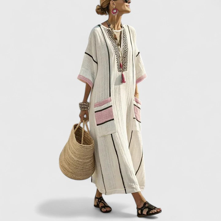 Abito midi da donna a motivi boho, scollo a V, maniche 3/4 ampie