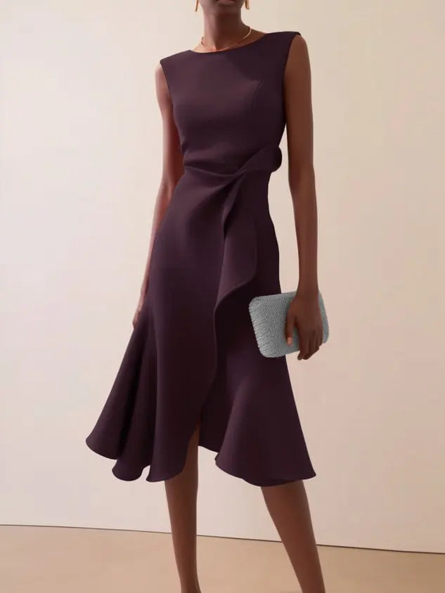 Abito midi da donna senza maniche girocollo drappeggiato orlo asimmetrico