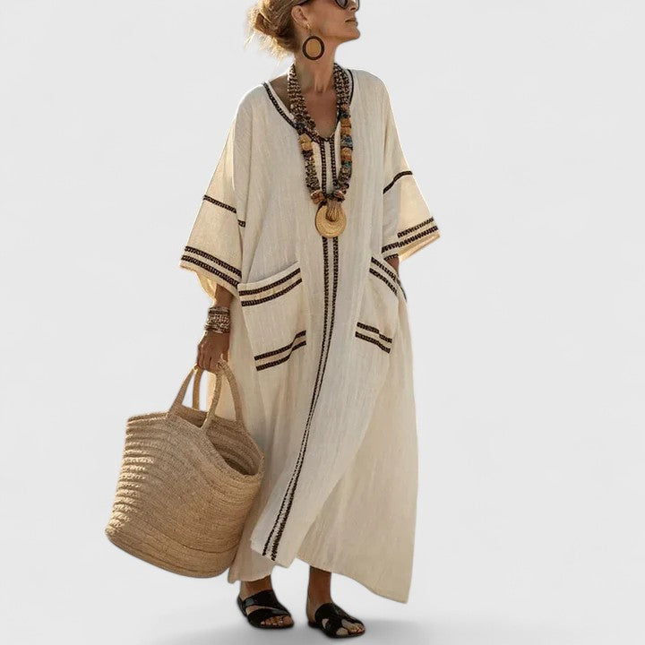 Abito midi da donna a motivi boho, scollo a V, maniche 3/4 ampie