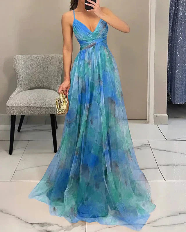 Vestito lungo donna multicolore scollo a V spalline sottili schiena scoperta gonna plissettata