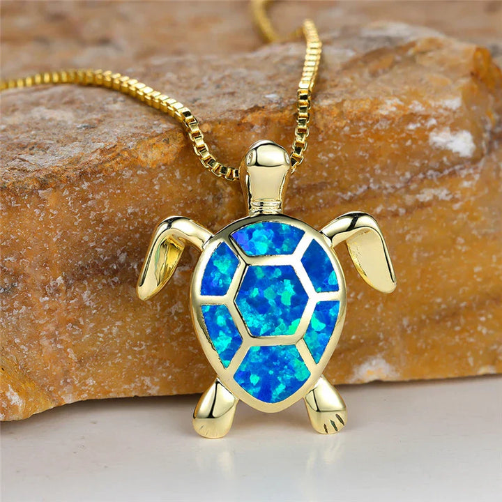 Vintage Gold Green Fire Opal Turtle Pendant Necklace