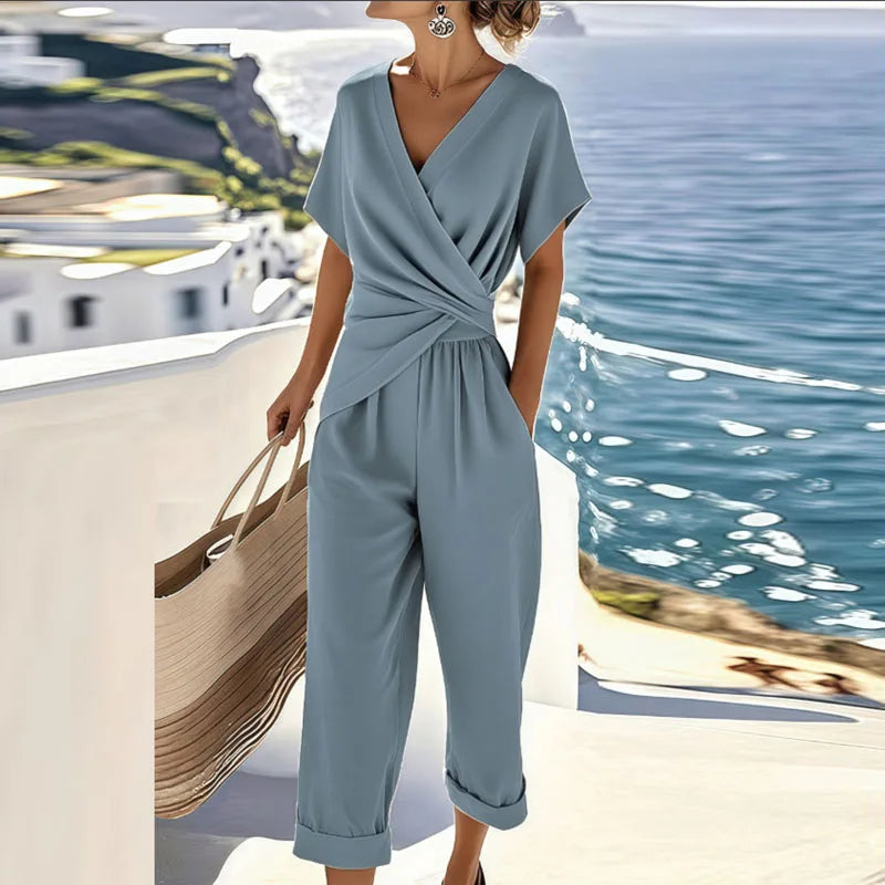 Tuta da donna scollo a V vita incrociata taglio ampio pantalone 7/8