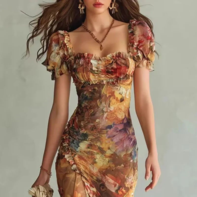 Vestito lungo donna multicolore stampato con scollo a cuore, maniche a sbuffo, spacco