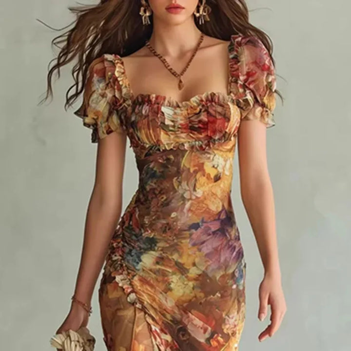 Vestito lungo donna multicolore stampato con scollo a cuore, maniche a sbuffo, spacco