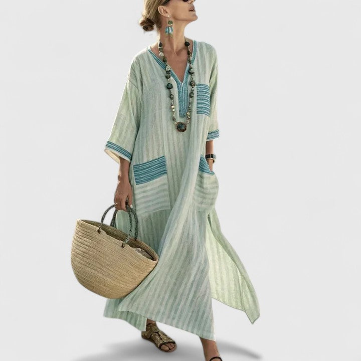 Abito midi da donna a motivi boho, scollo a V, maniche 3/4 ampie