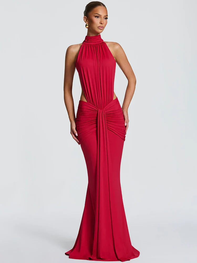 Vestito lungo da donna con collo alto, taglio halter, aperture laterali, schiena scoperta