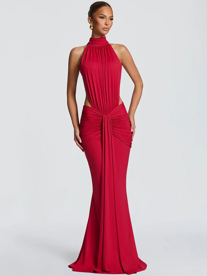 Vestito lungo da donna con collo alto, taglio halter, aperture laterali, schiena scoperta