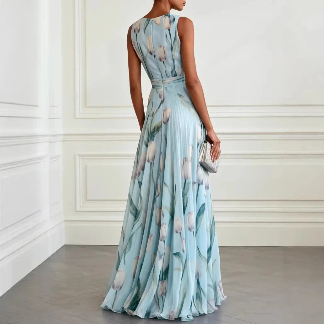 Vestito lungo da donna con scollo a V, senza maniche, stampa floreale e gonna fluida