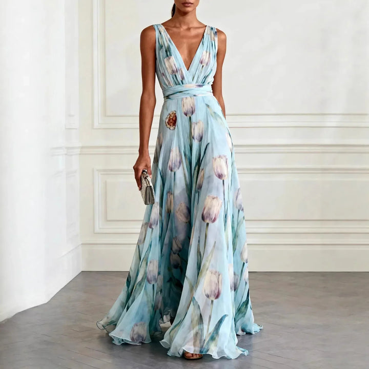 Vestito lungo da donna con scollo a V, senza maniche, stampa floreale e gonna fluida