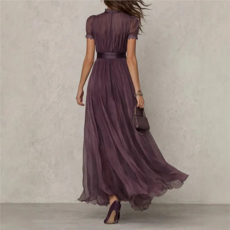 Vestito lungo da donna collo alto apertura a goccia maniche corte plissettato