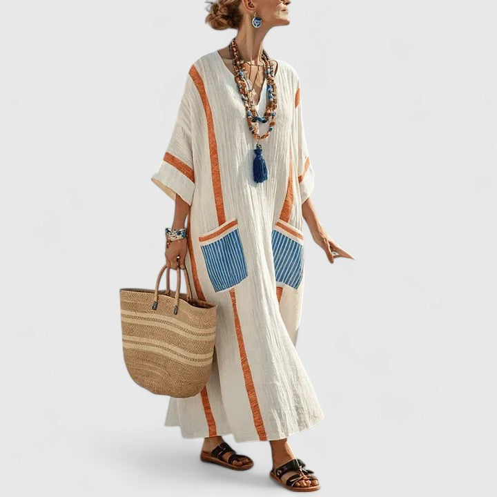 Abito midi da donna a motivi boho, scollo a V, maniche 3/4 ampie