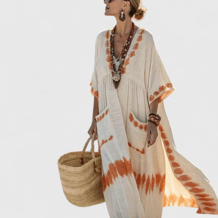 Abito midi da donna a motivi boho, scollo a V, maniche 3/4 ampie