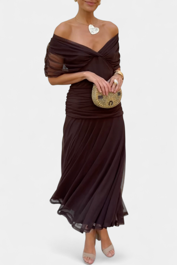 Vestito lungo donna Spalle scoperte scollo a V drappeggiato gonna fluida maniche a sbuffo