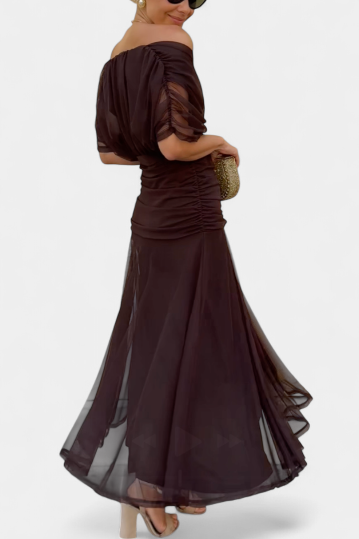 Vestito lungo donna Spalle scoperte vita arricciata scollatura intrecciata