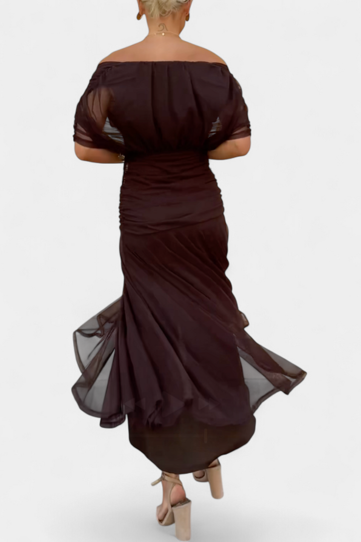 Vestito lungo donna con Spalle scoperte, busto intrecciato, drappeggiato e fluido