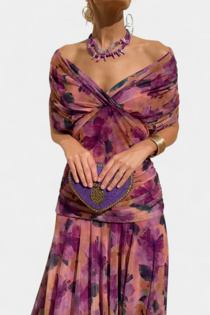 Vestito lungo donna Spalle scoperte vita arricciata scollatura intrecciata