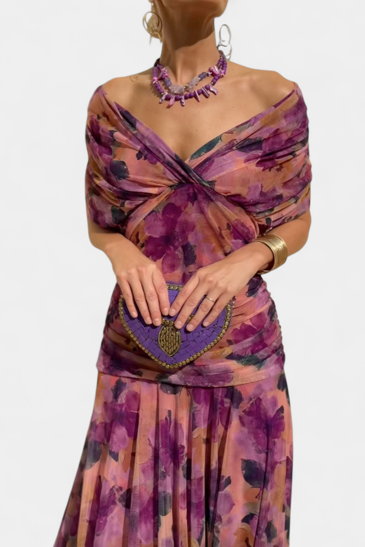 Vestito lungo donna Spalle scoperte scollo a V drappeggiato gonna fluida maniche a sbuffo