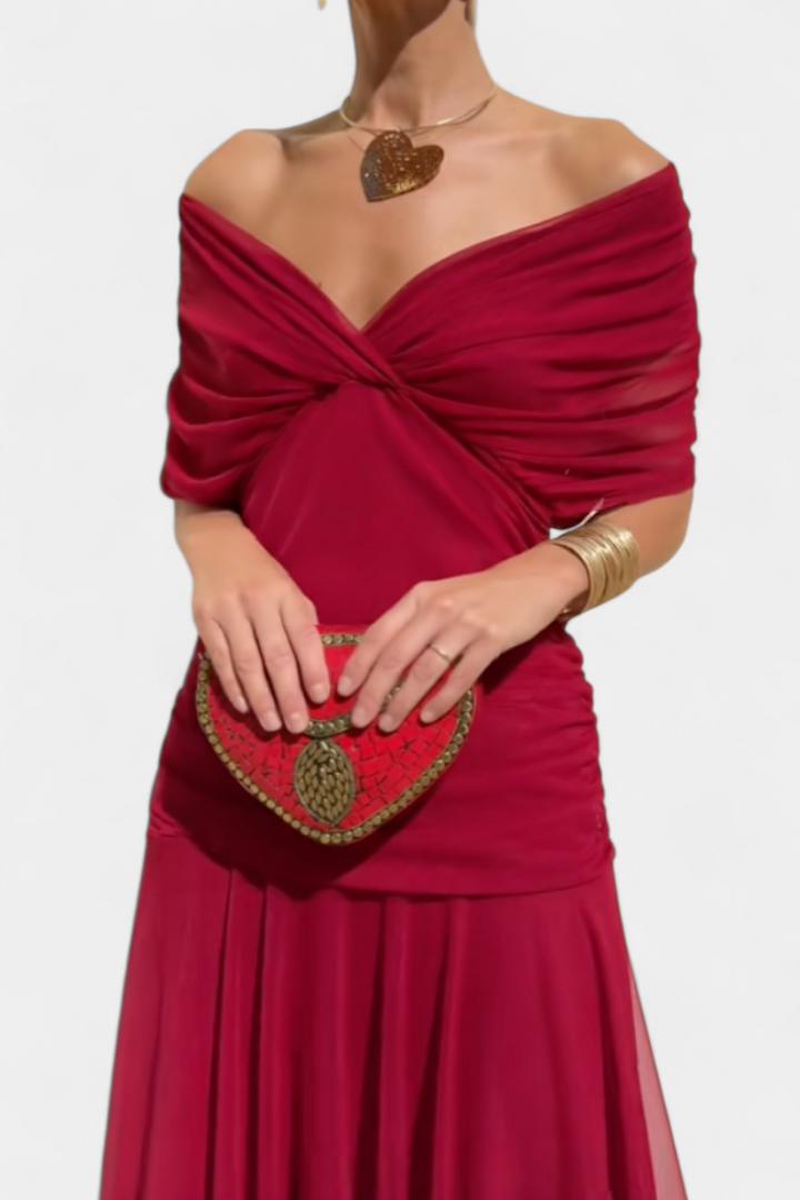 Vestito lungo donna Spalle scoperte scollo a V drappeggiato gonna fluida maniche a sbuffo