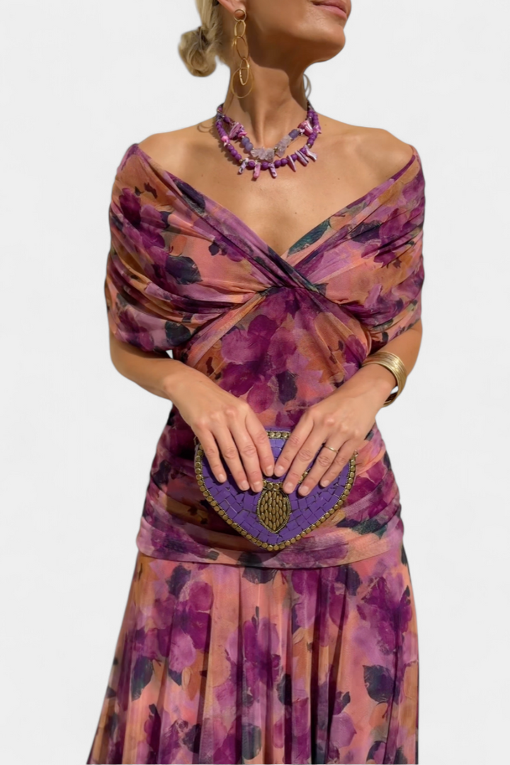 Vestito lungo donna con Spalle scoperte, busto intrecciato, drappeggiato e fluido