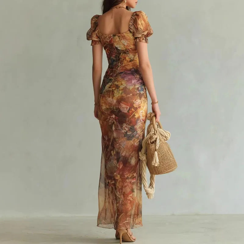Vestito lungo donna multicolore stampato con scollo a cuore, maniche a sbuffo, spacco