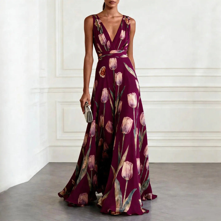 Vestito lungo da donna con scollo a V, senza maniche, stampa floreale e gonna fluida