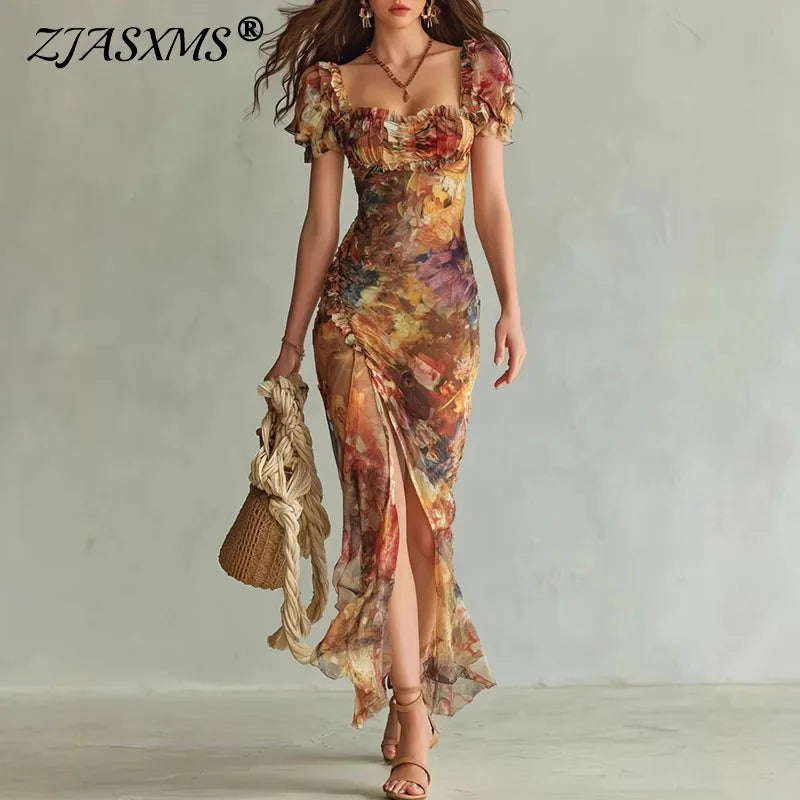 Vestito lungo donna multicolore stampato con scollo a cuore, maniche a sbuffo, spacco
