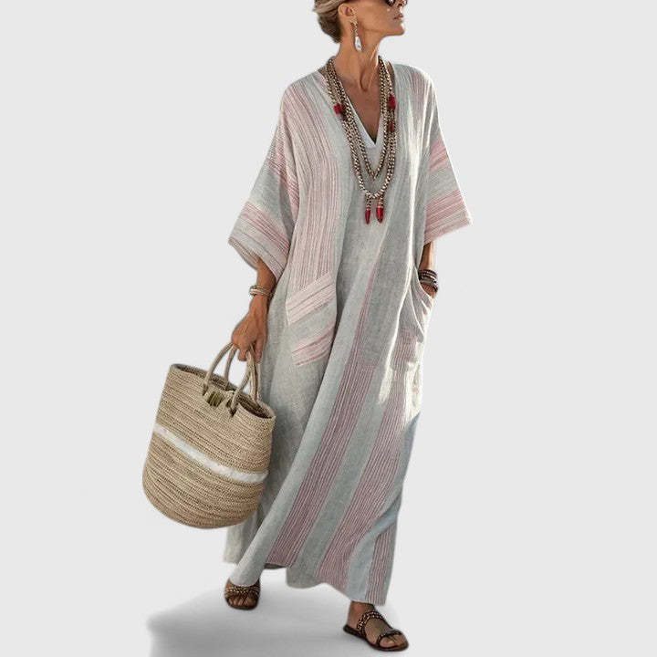 Abito midi da donna a motivi boho, scollo a V, maniche 3/4 ampie